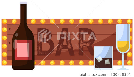 Bar inscription on sign with pink background and lights next to bottles and alcoholic cocktails Bar inscription on sign with pink background and lights next to bottles and alcoholic cocktails 100228305