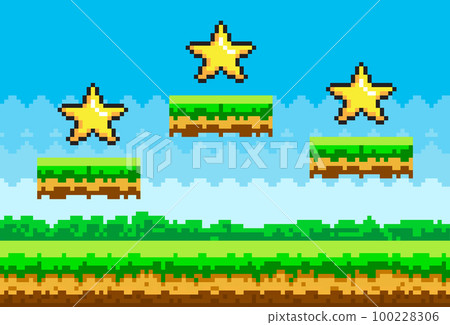 Pixel art style vector stars for retro pixel-game. Shiner golden object pixelated awards for player Pixel art style vector stars for retro pixel-game. Shiner golden object pixelated awards for player 100228306