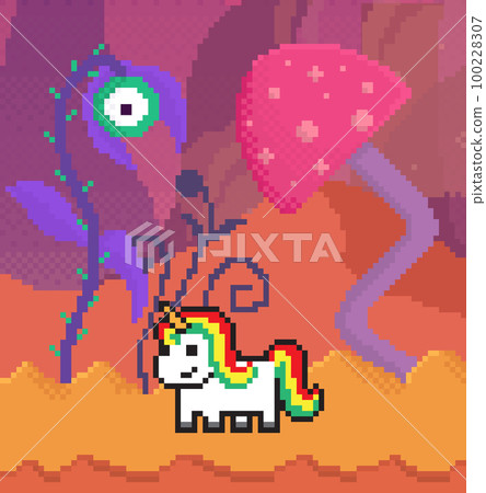 Unicorn walks along orange pixel alien street with flames. Space flowers for game interface 100228307