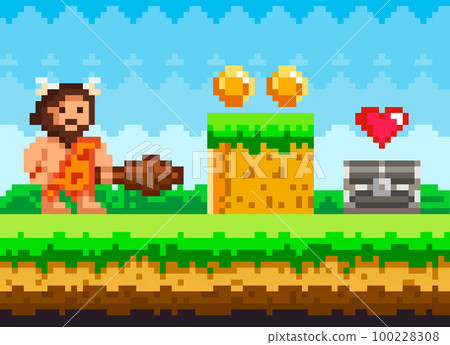 Pixelated natural landscape with caveman standing on green meadow near platform with coins 100228308