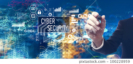 Cyber security theme with businessman in a bokeh neon light trails city background 100228959