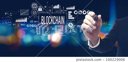 Blockchain theme with businessman at night Blockchain theme with businessman at night 100229006