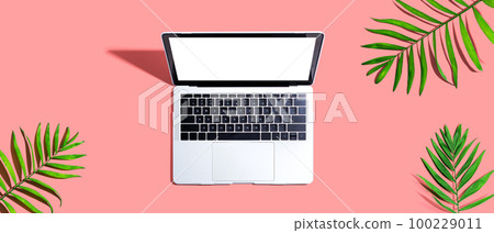 Laptop computer with tropical leaves 100229011