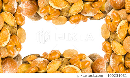 Bread and sweet pastries isolated on white background. Original frame. Free space for text. Collage. Bread and sweet pastries isolated on white background. Original frame. Free space for text. Collage. 100231081