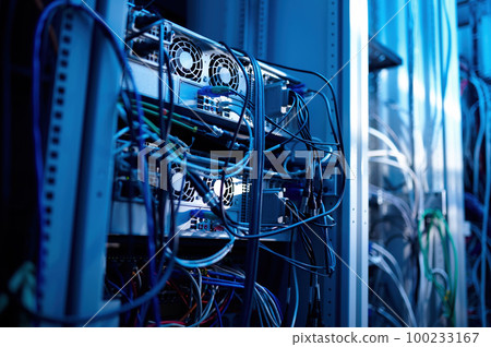 Computer internet equipment and wires in server room Computer internet equipment and wires in server room 100233167