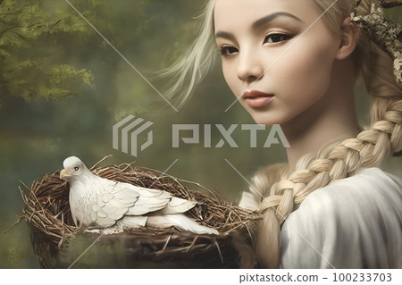 Portrait of a young beautiful Slavic woman poses with polish eagle in a nest.Natural beauty,green-blue eyes and blonde hair tied up in a braid 100233703