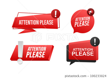 Megaphone label set with text attention please. Megaphone in hand promotion banner. Marketing and advertising 100233824