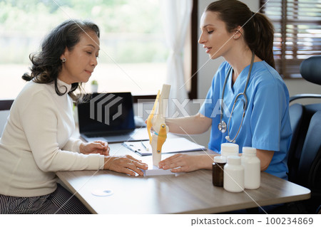 Portrait of a female doctor talking to an elderly patient about osteoarthritis Portrait of a female doctor talking to an elderly patient about osteoarthritis 100234869