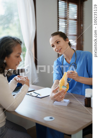 Portrait of a female doctor talking to an elderly patient about osteoarthritis Portrait of a female doctor talking to an elderly patient about osteoarthritis 100235119