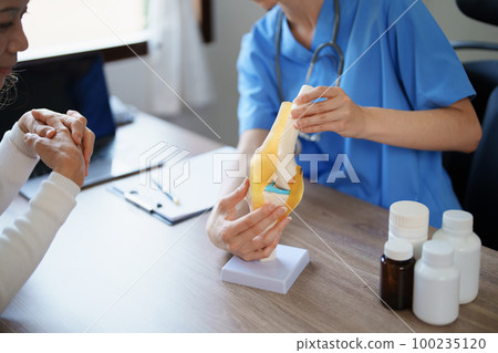 Portrait of a female doctor talking to an elderly patient about osteoarthritis Portrait of a female doctor talking to an elderly patient about osteoarthritis 100235120