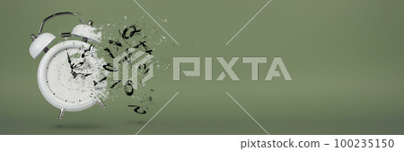 Time is running out. White alarm clock with flying numbers as a symbol of lost time. The concept of time is running out, loss or lack of time, an alarm clock with numbers shatters into small pieces. 100235150