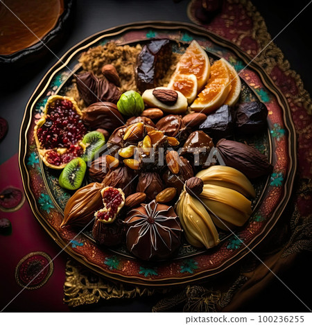 chocolates, nuts and dried fruit on a plate with gold trim around the edges to make it look like they'reated chocolates, nuts and dried fruit on a plate with gold trim around the edges to make it look like they'reated 100236255