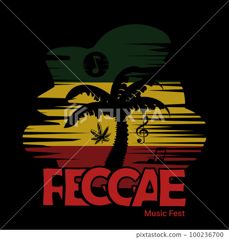 reggae themed festival music background with musical notes composition, cannabis and coconut trees 100236700