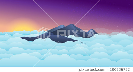 peaceful beautiful sunrise over prau mountains with ocean of clouds, Use as landscape background or wallpaper. peaceful beautiful sunrise over prau mountains with ocean of clouds, Use as landscape background or wallpaper. 100236732