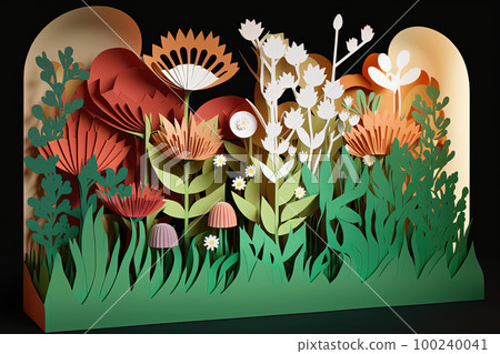 Paper cut spring or summer floral background with blooming flowers. Creative spring design for cards 100240041