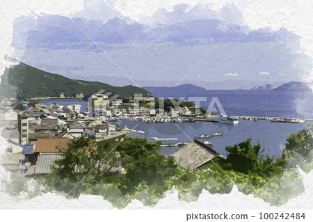 Watercolor style Tomonoura harbor view Fukuyama city, Hiroshima prefecture 100242484