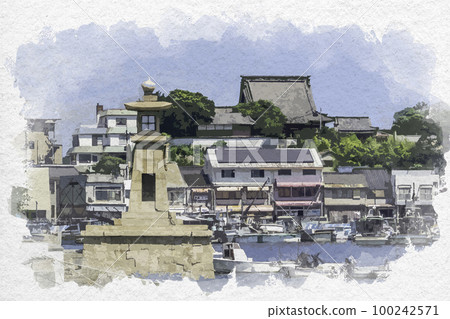 Watercolor style Tomonoura night light Fukuyama City, Hiroshima Prefecture Watercolor style Tomonoura night light Fukuyama City, Hiroshima Prefecture 100242571