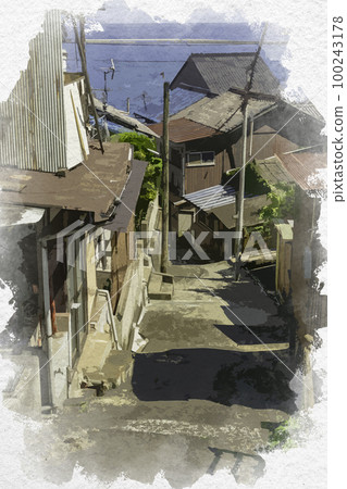 廣島縣福山市鞆之浦市的水彩風格鞆之浦街景 100243178