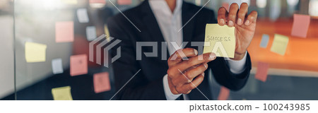 African Businessman showing sticky notes with motivational phrases while standing in office 100243985