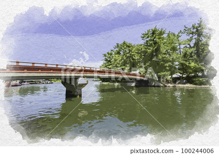 Watercolor-style Amanohashidate Kaisenkyo Bridge, Miyazu City, Kyoto Prefecture 100244006