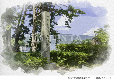 Watercolor style Amanohashidate stone marker Miyazu City, Kyoto Prefecture 100244207