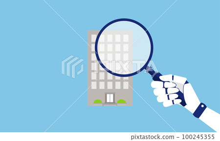 Robot with magnifying glass, illustration of artificial intelligence appraising real estate, vector 100245355
