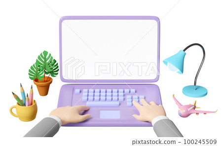 3d businessman using laptop computer on table with lamp, coffee cup, plane isolated. 3d render illustration 100245509