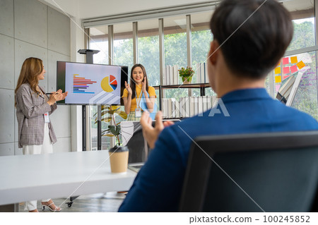 Young asian woman entrepreneur startup presenting with financial backers for new project to request funding to support the project. Concept of new business model and partnership, business corporation Young asian woman entrepreneur startup presenting with financial backers for new project to request funding to support the project. Concept of new business model and partnership, business corporation 100245852