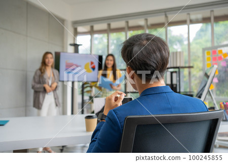 Young asian woman entrepreneur startup presenting with financial backers for new project to request funding to support the project. Concept of new business model and partnership, business corporation 100245855