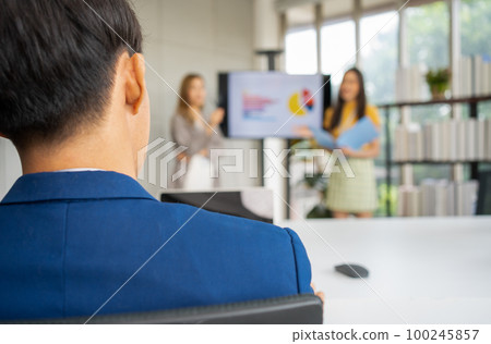 Young asian woman entrepreneur startup presenting with financial backers for new project to request funding to support the project. Concept of new business model and partnership, business corporation 100245857