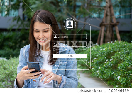 Woman using smartphones to type user and passwords for login financial applications, identification information security, and encryption, Concept of Cyber security for internet access Woman using smartphones to type user and passwords for login financial applications, identification information security, and encryption, Concept of Cyber security for internet access 100246489