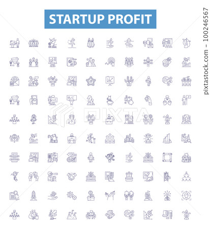 Startup profit line icons, signs set. Profitability, Profits, Revenue, Growth, Entrepreneurship, Investment, Expansion, Yield, Gains outline vector illustrations. 100246567