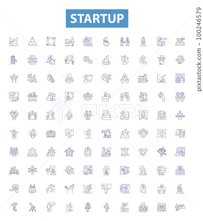 Startup line icons, signs set. Entrepreneur, Founding, Launch, Business, Innovate, Enterprise, Investing, Growth, Venture outline vector illustrations. 100246579