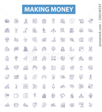 Making money line icons, signs set. Earn, Profit, Gain, Invest, Speculate, Fund, Market, Yield, Trade outline vector illustrations. Making money line icons, signs set. Earn, Profit, Gain, Invest, Speculate, Fund, Market, Yield, Trade outline vector illustrations. 100246597