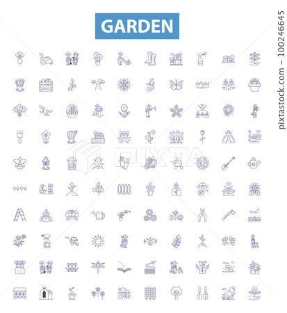 Garden line icons, signs set. Yard, Vegetable, Lawn, Greenery, Trees, Flowers, Shrubs, Plants, Herbs outline vector illustrations. Garden line icons, signs set. Yard, Vegetable, Lawn, Greenery, Trees, Flowers, Shrubs, Plants, Herbs outline vector illustrations. 100246645