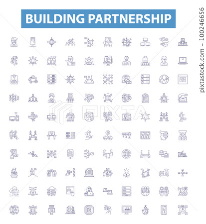 Building partnership line icons, signs set. Cooperation, Alliance, Unification, Joining, Accord, Coalition, Bridge, Affiliation, Merger outline vector illustrations. 100246656