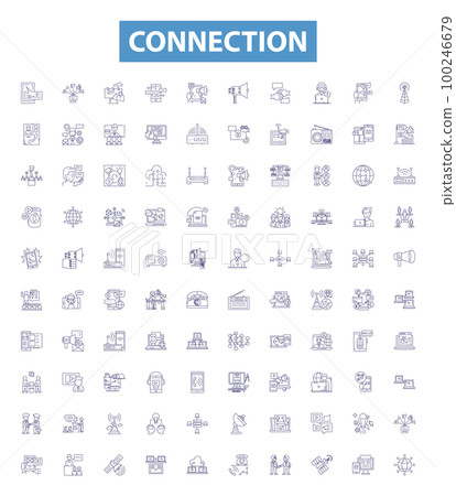 Connection line icons, signs set. Link, Union, Bond, Correlation, Tether, Liaison, Bridge, Synapse, Nexus outline vector illustrations. 100246679