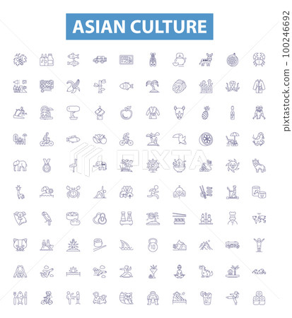 Asian culture line icons, signs set. Asian, Culture, Japan, China, India, Rice, Cuisine, Temple, Buddhism outline vector illustrations. Asian culture line icons, signs set. Asian, Culture, Japan, China, India, Rice, Cuisine, Temple, Buddhism outline vector illustrations. 100246692