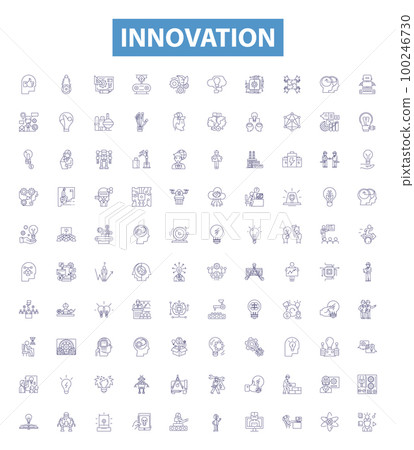 Innovation line icons, signs set. Innovate, Novel, Create, Advance, Pioneer, Breakthrough, Fresh, New, Evolve outline vector illustrations. 100246730