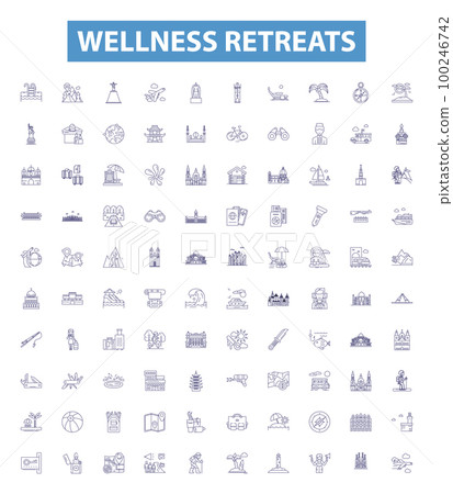 Wellness retreats line icons, signs set. Wellbeing, Retreats, Relaxation, Health, Rejuvenation, Vacation, Nature, Yoga, Meditation outline vector illustrations. 100246742