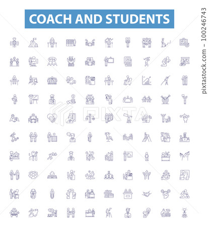 Coach and students line icons, signs set. Coach, Students, Mentor, Educator, Guide, Pupil, Teacher, Tutor, Instructor outline vector illustrations. 100246743