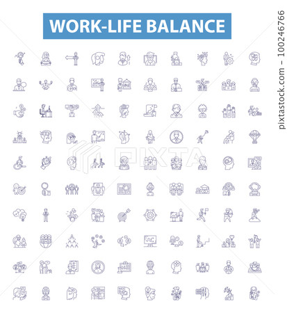 Work-life balance line icons, signs set. Work life, balance, harmony, integration, equilibrium, blend, blendwork, integration, flexibility outline vector illustrations. 100246766
