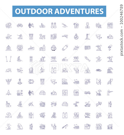 Outdoor adventures line icons, signs set. Trekking, Hiking, Camping, Kayaking, Canoeing, Rock Climbing, Mountain Biking, Abseiling, Sailing outline vector illustrations. 100246789