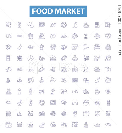 Food market line icons, signs set. Grocery, Supermarket, Produce, Co op, Deli, Foodstore, Convenience, Corner, Mart outline vector illustrations. 100246791