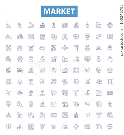 Market line icons, signs set. Market, Trade, Shopping, Retail, Bazaar, Vend, Exchange, Commercial, Consume outline vector illustrations. 100246793