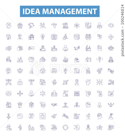 Idea management line icons, signs set. Conceptualization, Brainstorming, Innovation, Prioritization, Categorization, Execution, Organization, Synthesis, Refinement outline vector illustrations. 100246814