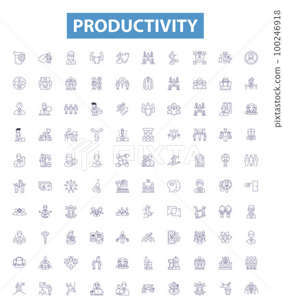 Productivity line icons, signs set. Efficiency, Performance, Quality, Output, Profitability, Optimize, Accelerate, Streamline, Productive outline vector illustrations. 100246918