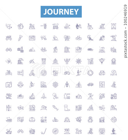 Journey line icons, signs set. Travel, Trek, Expedition, Tour, Trekking, Pilgrimage, Safari, Hike, Roadtrip outline vector illustrations. 100246919