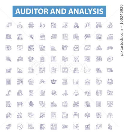 Auditor and analysis line icons, signs set. Auditor, Analysis, Auditing, Analyzing, Evaluating, Scrutiny, Inspecting, Reviewing, Studying outline vector illustrations. Auditor and analysis line icons, signs set. Auditor, Analysis, Auditing, Analyzing, Evaluating, Scrutiny, Inspecting, Reviewing, Studying outline vector illustrations. 100246926
