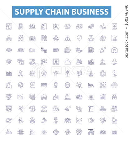 Supply chain business line icons, signs set. Distribution, Logistics, Procurement, Warehouse, Inventory, Manufacturing, Outsourcing, Shipping, Sourcing outline vector illustrations. 100246940